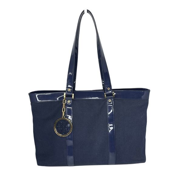Tory Burch Canvas Jane Tote navy patient leather Shoulder Bag - Picture 1 of 14